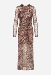 Brązowa Dopasowana Sukienka z Siateczki z Wiskozą w Panterkę Bellabina