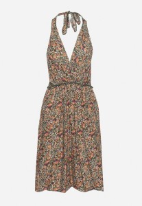 Zielona Wiskozowa Sukienka z Nakładkowym Dekoltem Wiązana na Szyi Varena