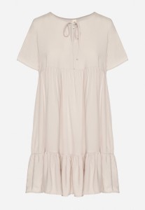 Jasnobeżowa Sukienka z Bawełny o Rozkloszowanym Kroju z Wiązaniem przy Dekolcie Mepilea