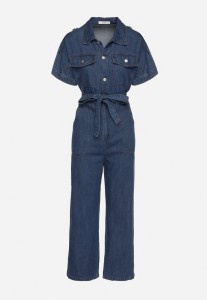 Granatowy Jeansowy Kombinezon z Wiązaniem w Talii i Szerokimi Nogawkami Xenadea