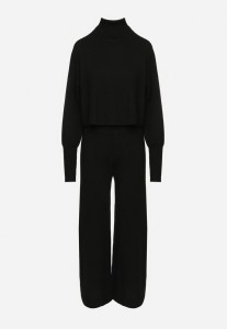 Czarny Komplet Dzianinowy z Wiskozą Bluza Golf ze Ściągaczami i Szerokie Spodnie Noridra