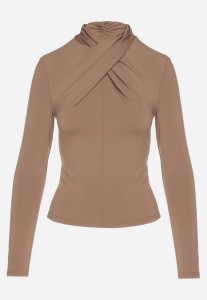 Jasnobrązowa Bluzka z Półgolfem Ozdobiona Drapowaniem Binare