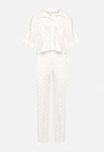 Biały Komplet Ażurowy Krótka Koszula Zapinana na Guziki Spodnie z Gumką w Talii Rivasheas