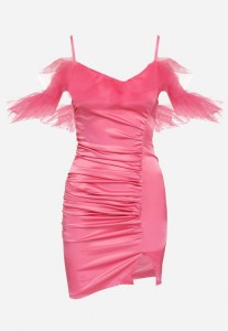 Fuksjowa Marszczona Dopasowana Sukienka z Satyny na Ramiączkach z Tiulowym Wykończeniem Tinasolti