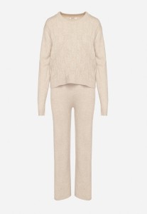 Jasnobeżowy Dzianinowy Komplet z Wełną i Bawełną Sweter z Tłoczonym Wzorem i Spodnie Otivra