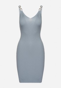 Niebieska Sukienka Dopasowana z Trójkątnym Dekoltem Ramiączka z Metaliczną Wstawką Sylarisa