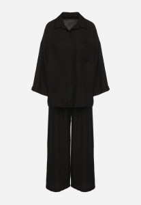 Czarny Komplet z Wiskozy Szerokie Spodnie i Koszula Oversize Zivora