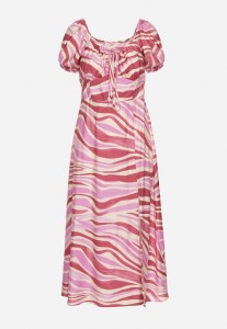 Ciemnoróżowa Rozkloszowana Sukienka z Wiskozą i Bawełną Wykończona Gumką na Plecach Dimillia