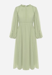 Zielona Elegancka Sukienka Midi z Gumkami w Pasie i Ażurowymi Wstawkami Rouxia