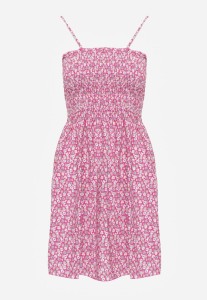 Fuksjowa Sukienka z Bawełny na Ramiączkach z Rozkloszowaniem i Marszczoną Górą Risetto