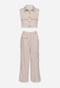 Jasnobeżowy Komplet w Stylu Cargo Kamizelka z Kołnierzykiem i Szerokie Spodnie Zireva
