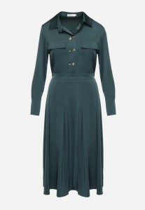 Zielona Rozkloszowana Sukienka o Koszulowym Kroju z Imitacją Kieszeni i Gumką w Talii Rizza