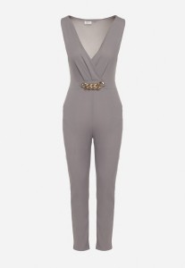 Szary Kopertowy Kombinezon Bodycon bez Rękawów z Ozdobnym Łańcuchem Yaelia