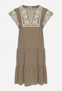 Zielona Sukienka z Haftami w Stylu Boho z Bawełny Evitel