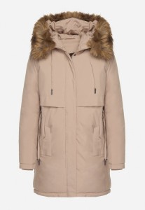Beżowa Casualowa Kurtka Parka z Kapturem z Futerkiem Nallorea