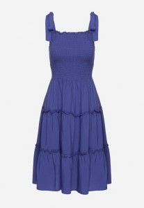 Granatowa Rozkloszowana Sukienka z Wiskozą na Wiązanych Ramiączkach Aralisse