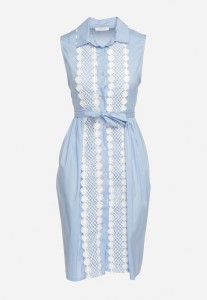 Jasnoniebieska Rozkloszowana Sukienka z Bawełny o Koszulowym Kroju Wiązana w Pasie Calelia