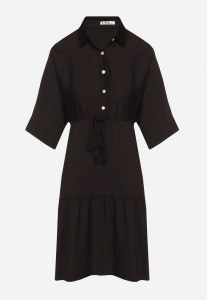 Czarna Sukienka Koszulowa z Wiskozy z Kołnierzykiem i Wiązaniem Nanieria
