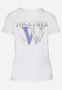 Biały T-shirt z Bawełny Ozdobiony Napisem i Cyrkoniami Raltebis