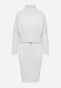 Jasnoniebieski Prążkowany Komplet z Wełną Golf i Dopasowana Sukienka Bez Rękawów Riasma