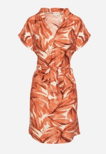 Pomarańczowa Pudełkowa Sukienka z Dekoltem w Serek o Roślinnym Wzorze z Paskiem w Talii Resevia