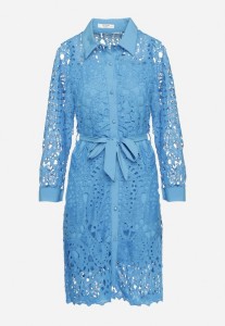 Niebieska Ażurowa Sukienka Koszulowa Mini z Wiązanym Paskiem Jolira