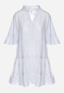 Jasnoniebieska Bawełniana Sukienka z Haftowanej Tkaniny o Koszulowym Kroju z Falbanami Filidwena