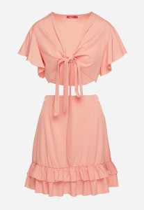 Różowy 2-Częściowy Komplet Top Wiązany pod Biustem Spódnica z Gumką w Talii z Falbankami Agustins