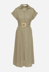 Zielona Bawełniana Sukienka Koszulowa na Krótki Rękaw z Dodatkowym Paskiem Callira