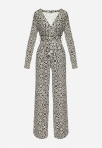 Biało-Czarny Wzorzysty Kombinezon z Długim Rękawem i Szerokimi Spodniami z Wiązaniem w Pasie Vilati