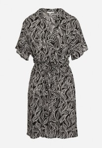 Czarno-Biała Sukienka Rozkloszowana ze Sznurkiem w Talii w Drobny Print Ikattia