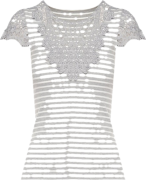 Szary Bawełniany T-shirt z Prążkowanej Dzianiny Ozdobiony Koronką Liasilo