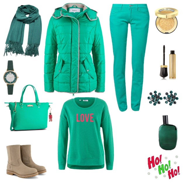 Zimowa stylizacja total look z zielonymi spodniami