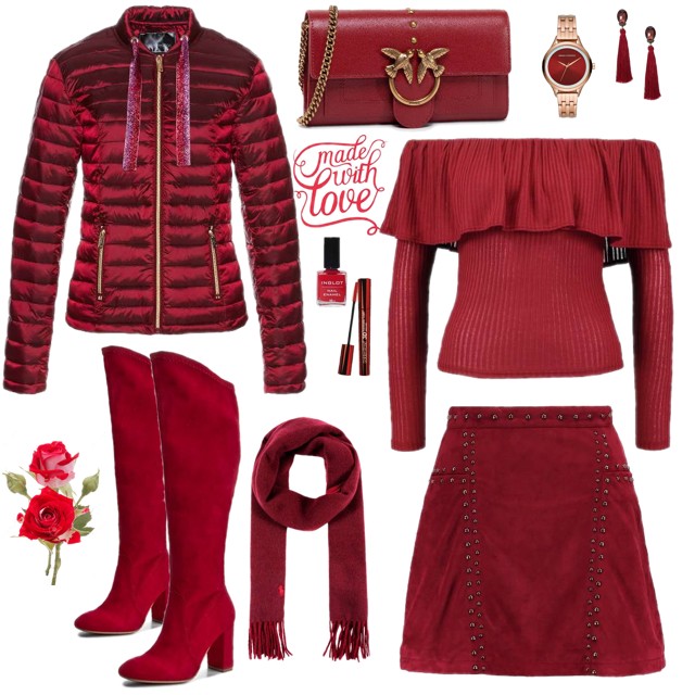 Pikowana czerwona kurtka damska w połączeniu z czerwonymi kozakami za kolano i spódnicą nabijaną ćwiekami