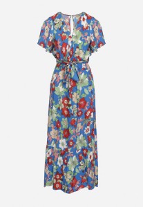 Niebieski Komplet Wiskozowy w Kwiatowy Wzór Bluzka Kopertowa i Spódnica z Gumką w Talii Hoffia