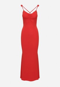 Czerwona Sukienka Bodycon Wiązana na Plecach na Sznurki z Kwiatkami Crivia
