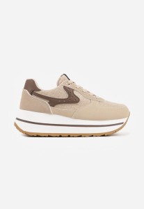 Beżowe Sneakersy na Platformie z Tweedowym Zdobieniem i Perforacją Dioseleia