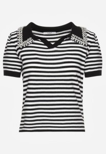 Czarno-Biała Wiskozowa Bluzka w Paski ze Zdobieniami na Kołnierzyku Veniala