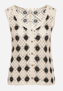 Czarno-Beżowa Kamizelka Szydełkowa z Dekoltem w Serek Banisella